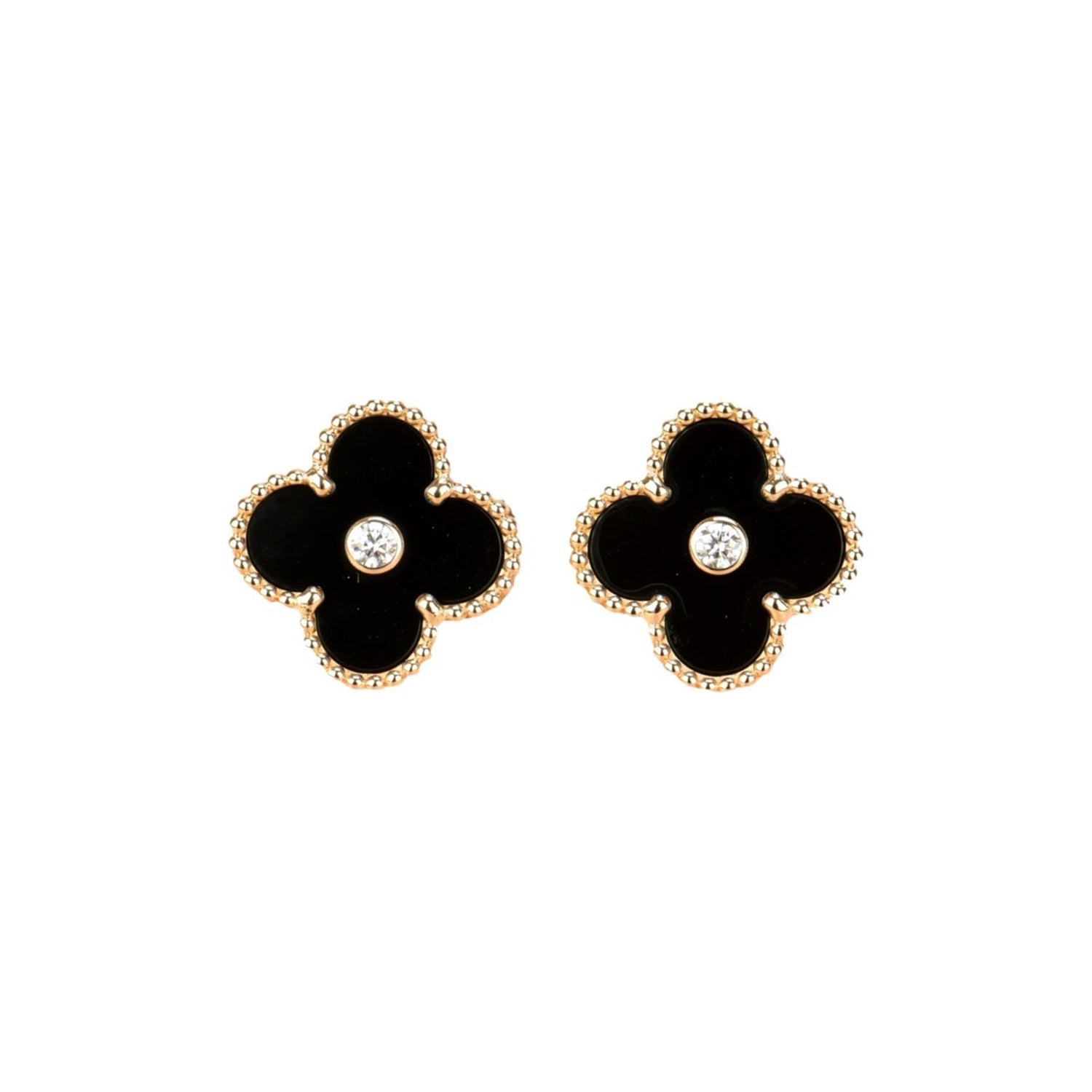 [⭐JeweliWhal]CLOVER MEDIUM 1 MOTIFS ONYX DIAMOND EARRINGS