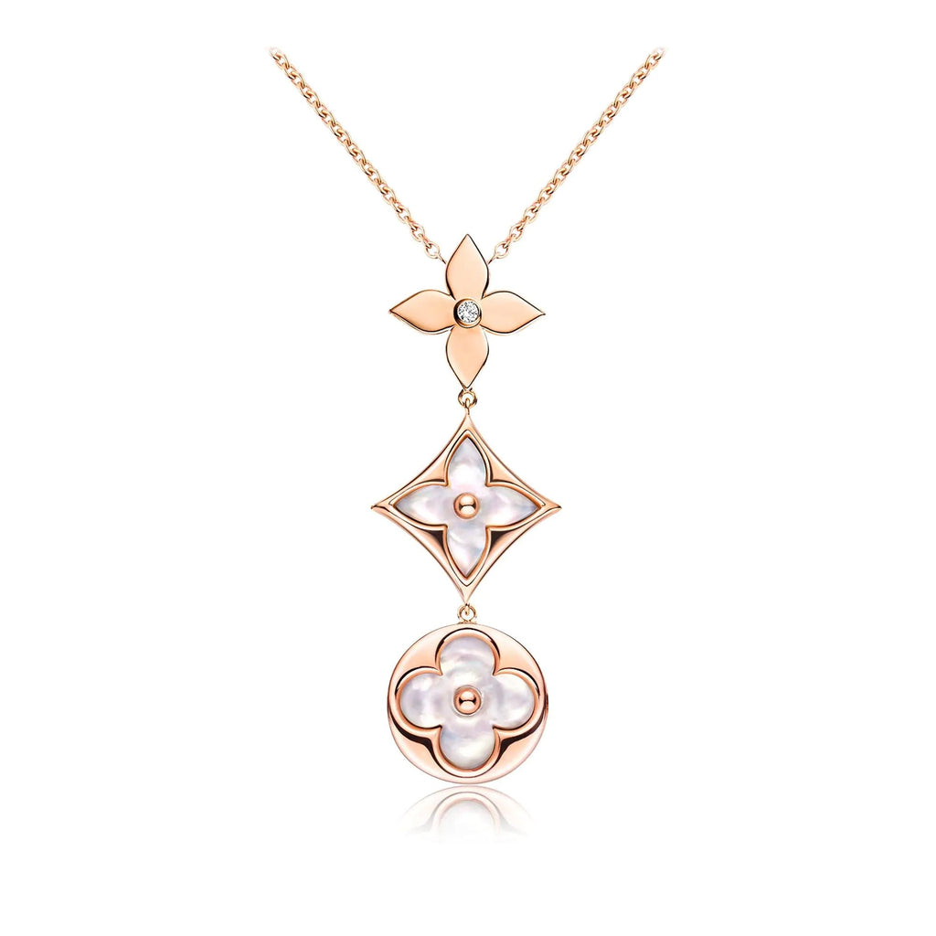 [⭐JeweliWhal]COLOR BLOSSOM LARIAT NECKLACE PINK GOLD WHITE MOTHER PEARL AND DIAMOND