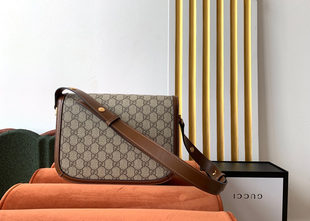 GG 1955 ホースビットバッグ 25cm ブラウンレザー ベージュキャンバス ゴールド金具