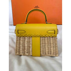KELLY 20CM JAUNE DE NAPLES SWIFT IN YELLOW LEATHER AND WICKER SILVER HARDWARE